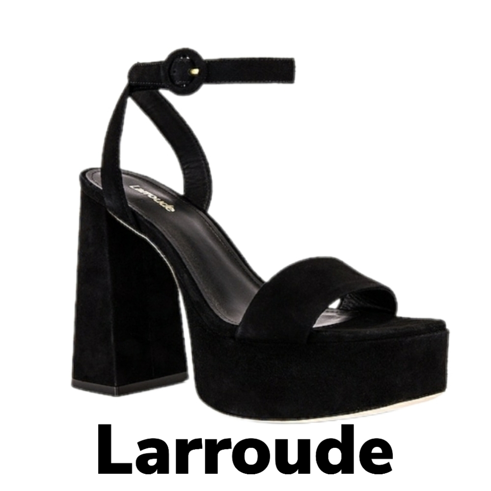 Larroude Dolly Black Suede Ankle Wrap Strap Platform Sandels Sz 8.5